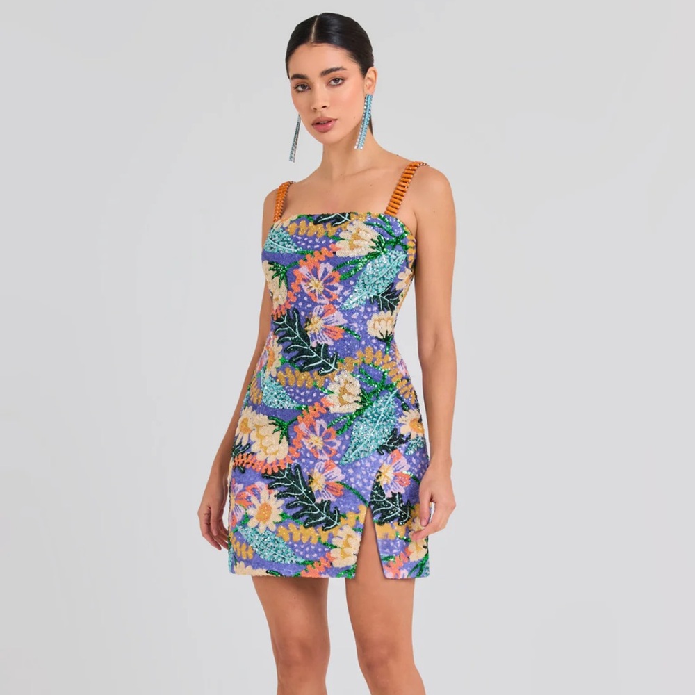 NADINE MERABI Purple Floral Sequin Mini Dress with Orange Straps